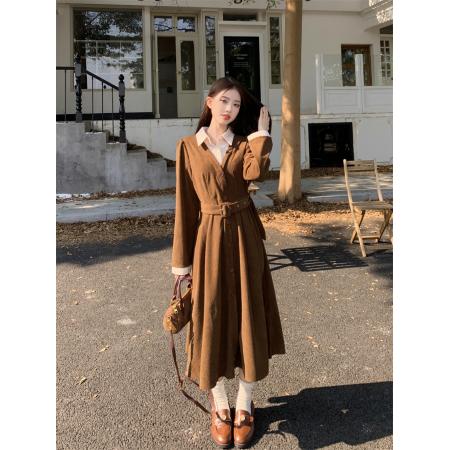 FA47223# 假两件灯芯绒连衣裙女收腰设计感a字长裙子秋冬新款  服裝批發女裝批發服飾貨源