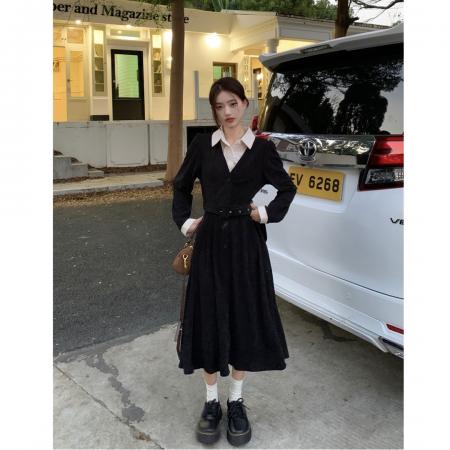 FA47223# 假两件灯芯绒连衣裙女收腰设计感a字长裙子秋冬新款  服裝批發女裝批發服飾貨源