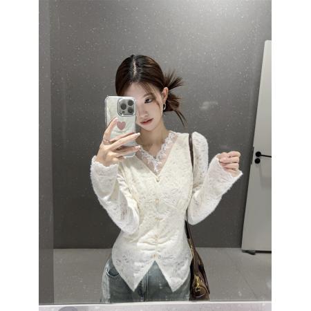 FA47224# 秋冬新款V领小个子长袖打底衫洋气加绒加厚蕾丝  服裝批發女裝批發服飾貨源