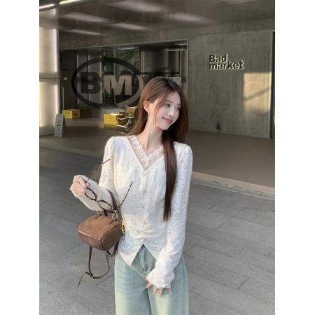 FA47224# 秋冬新款V领小个子长袖打底衫洋气加绒加厚蕾丝  服裝批發女裝批發服飾貨源