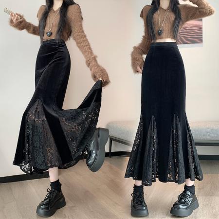 FA47226# 金丝绒半身裙女秋冬季显瘦中长裙鱼尾裙女侧开叉荷叶边裙  服裝批發女裝批發服飾貨源