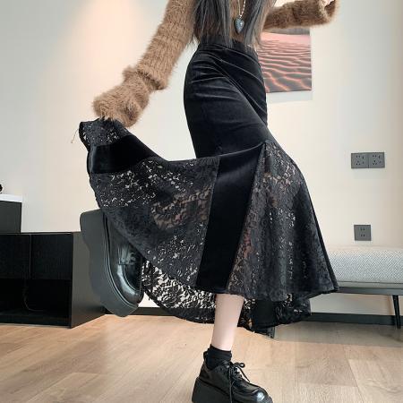 FA47226# 金丝绒半身裙女秋冬季显瘦中长裙鱼尾裙女侧开叉荷叶边裙  服裝批發女裝批發服飾貨源