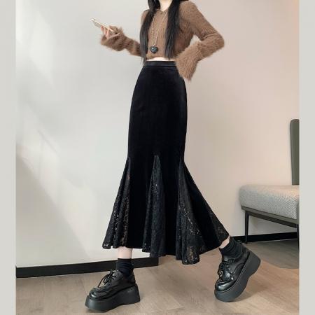 FA47226# 金丝绒半身裙女秋冬季显瘦中长裙鱼尾裙女侧开叉荷叶边裙  服裝批發女裝批發服飾貨源