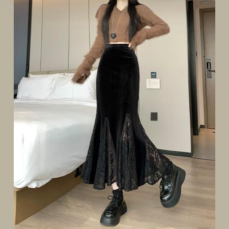 FA47226# 金丝绒半身裙女秋冬季显瘦中长裙鱼尾裙女侧开叉荷叶边裙  服裝批發女裝批發服飾貨源