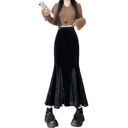 FA47226# 金丝绒半身裙女秋冬季显瘦中长裙鱼尾裙女侧开叉荷叶边裙  服裝批發女裝批發服飾貨源