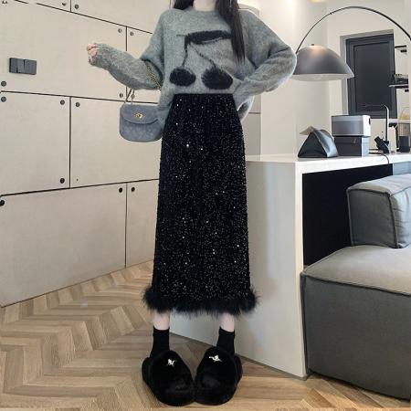 FA47227# 重工亮片羽毛拼接丝绒半身裙女新款高腰设计感开叉包臀裙长裙  服裝批發女裝批發服飾貨源