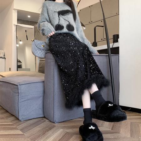 FA47227# 重工亮片羽毛拼接丝绒半身裙女新款高腰设计感开叉包臀裙长裙  服裝批發女裝批發服飾貨源