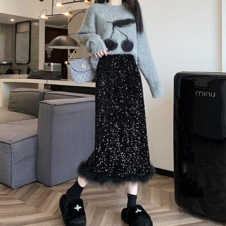 FA47227# 重工亮片羽毛拼接丝绒半身裙女新款高腰设计感开叉包臀裙长裙  服裝批發女裝批發服飾貨源