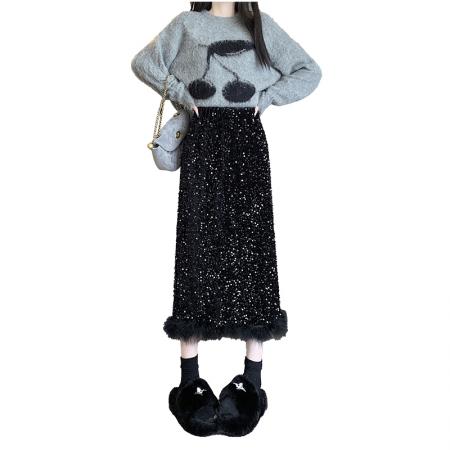 FA47227# 重工亮片羽毛拼接丝绒半身裙女新款高腰设计感开叉包臀裙长裙  服裝批發女裝批發服飾貨源