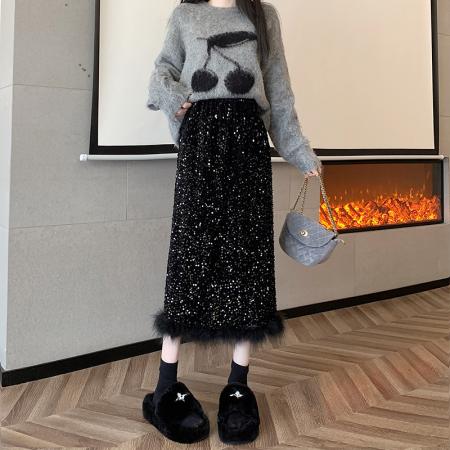 FA47227# 重工亮片羽毛拼接丝绒半身裙女新款高腰设计感开叉包臀裙长裙  服裝批發女裝批發服飾貨源