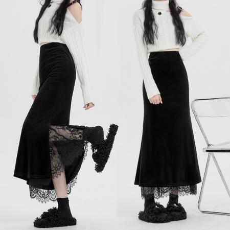FA47228# 黑色丝绒半身裙女秋冬新款设计感蕾丝拼接显瘦开叉A字包臀裙  服裝批發女裝批發服飾貨源