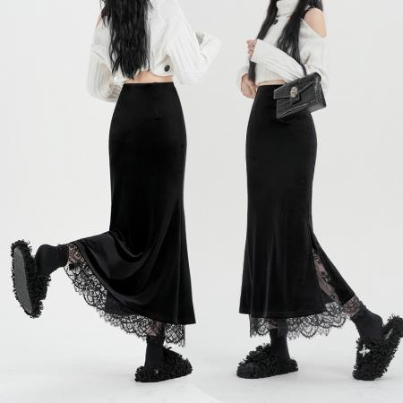 FA47228# 黑色丝绒半身裙女秋冬新款设计感蕾丝拼接显瘦开叉A字包臀裙  服裝批發女裝批發服飾貨源