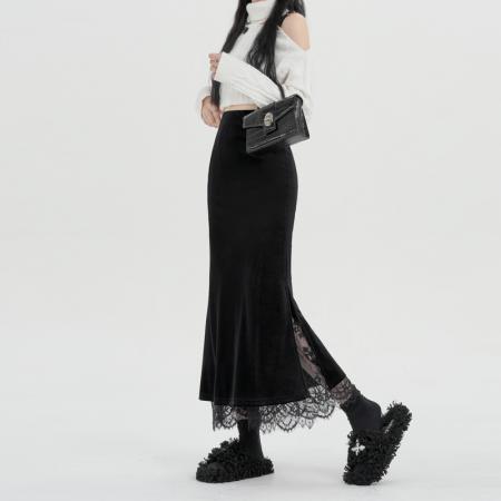 FA47228# 黑色丝绒半身裙女秋冬新款设计感蕾丝拼接显瘦开叉A字包臀裙  服裝批發女裝批發服飾貨源