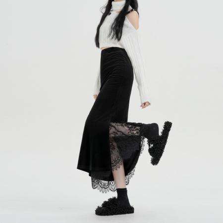 FA47228# 黑色丝绒半身裙女秋冬新款设计感蕾丝拼接显瘦开叉A字包臀裙  服裝批發女裝批發服飾貨源