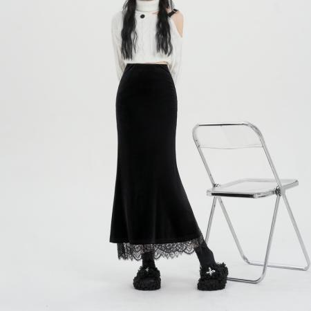 FA47228# 黑色丝绒半身裙女秋冬新款设计感蕾丝拼接显瘦开叉A字包臀裙  服裝批發女裝批發服飾貨源