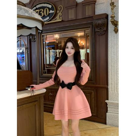 FA47229# 私有温柔气质法式名媛风短款针织长袖修身连衣裙  服裝批發女裝批發服飾貨源