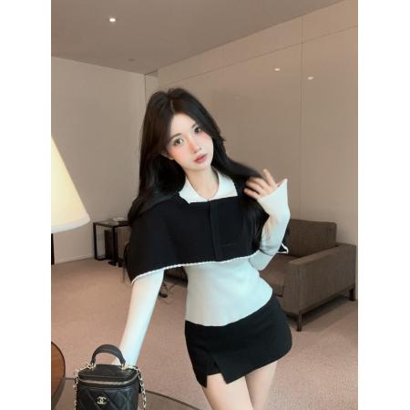 FA47230# 复古黑白假两件针织衫奶fufu慵懒松弛感温柔风毛衣  服裝批發女裝批發服飾貨源