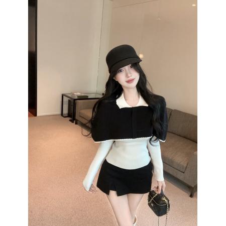 FA47230# 复古黑白假两件针织衫奶fufu慵懒松弛感温柔风毛衣  服裝批發女裝批發服飾貨源