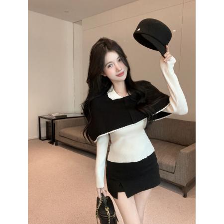 FA47230# 复古黑白假两件针织衫奶fufu慵懒松弛感温柔风毛衣  服裝批發女裝批發服飾貨源