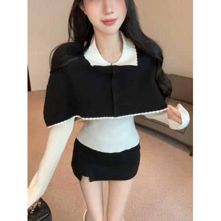 FA47230# 复古黑白假两件针织衫奶fufu慵懒松弛感温柔风毛衣  服裝批發女裝批發服飾貨源