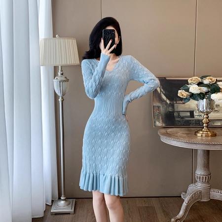 FA47233# 温柔小香风秋冬季甜美气质镂空针织连衣裙鱼尾包臀毛衣裙女打底裙  服裝批發女裝批發服飾貨源