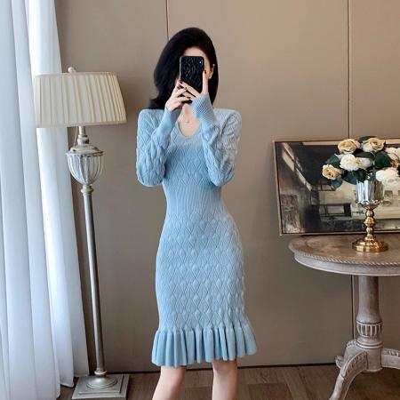 FA47233# 温柔小香风秋冬季甜美气质镂空针织连衣裙鱼尾包臀毛衣裙女打底裙  服裝批發女裝批發服飾貨源