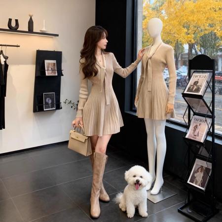 FA47234# 少女感系带V领系带针织连衣裙女秋冬修身收腰千金感气质裙子  服裝批發女裝批發服飾貨源