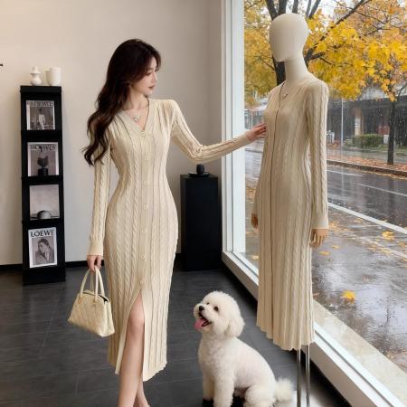 FA47235# 法式温柔风V领针织连衣裙女秋冬新款收腰开叉轻熟气质裙  服裝批發女裝批發服飾貨源