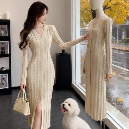 FA47235# 法式温柔风V领针织连衣裙女秋冬新款收腰开叉轻熟气质裙  服裝批發女裝批發服飾貨源