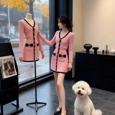 FA47236# 高级感V领针织粉色连衣裙女秋冬季撞色收腰显瘦修身气质裙子  服裝批發女裝批發服飾貨源