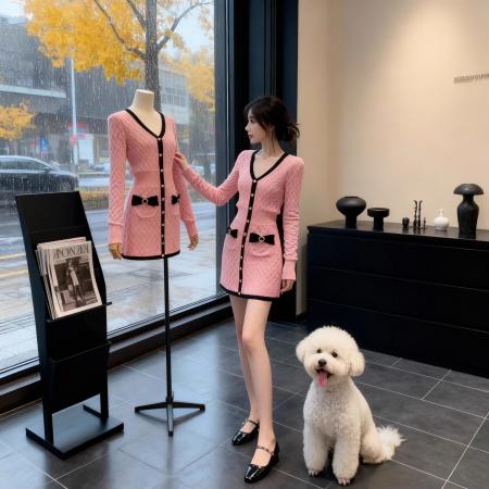 FA47236# 高级感V领针织粉色连衣裙女秋冬季撞色收腰显瘦修身气质裙子  服裝批發女裝批發服飾貨源