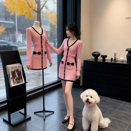 FA47236# 高级感V领针织粉色连衣裙女秋冬季撞色收腰显瘦修身气质裙子  服裝批發女裝批發服飾貨源