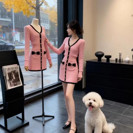 FA47236# 高级感V领针织粉色连衣裙女秋冬季撞色收腰显瘦修身气质裙子  服裝批發女裝批發服飾貨源