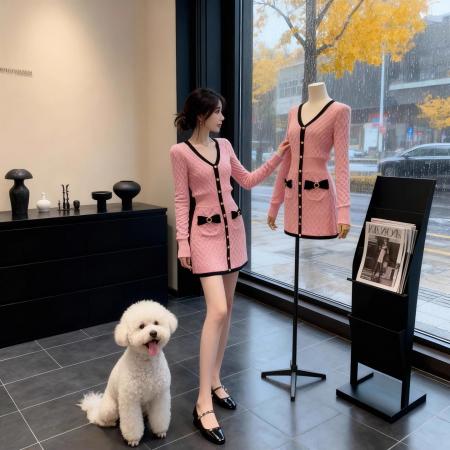 FA47236# 高级感V领针织粉色连衣裙女秋冬季撞色收腰显瘦修身气质裙子  服裝批發女裝批發服飾貨源