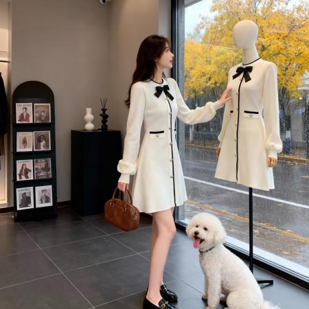 FA47237# 法式名媛风针织连衣裙女秋冬新款高级感蝴蝶结收腰气质毛衣裙  服裝批發女裝批發服飾貨源