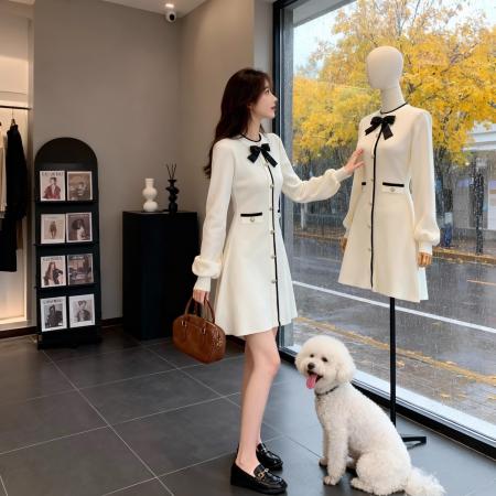 FA47237# 法式名媛风针织连衣裙女秋冬新款高级感蝴蝶结收腰气质毛衣裙  服裝批發女裝批發服飾貨源