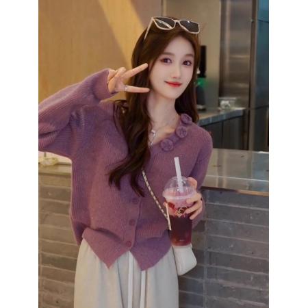 LN76368# 韩系穿搭立体花朵针织衫毛衣女秋冬新款简约百搭显瘦长袖上衣