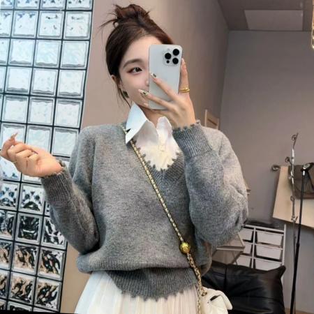 LN76369# 工厂毛衣长袖毛衣网红爆款新款潮衬衣领设计感假两件针织衫