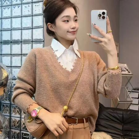 LN76369# 工厂毛衣长袖毛衣网红爆款新款潮衬衣领设计感假两件针织衫