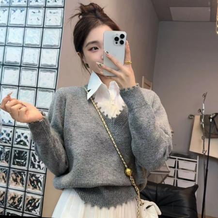 LN76369# 工厂毛衣长袖毛衣网红爆款新款潮衬衣领设计感假两件针织衫