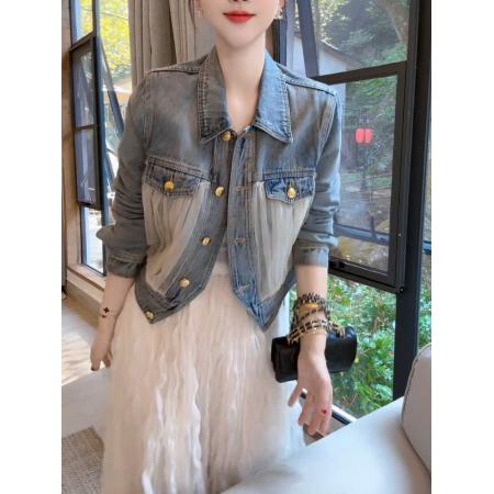 LN76370# 撞色网纱拼接金属扣牛仔外套女高级感复古长袖上衣潮