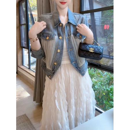 LN76370# 撞色网纱拼接金属扣牛仔外套女高级感复古长袖上衣潮