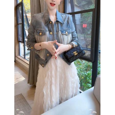 LN76370# 撞色网纱拼接金属扣牛仔外套女高级感复古长袖上衣潮