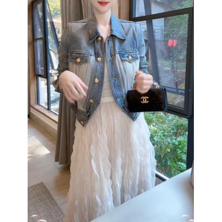 LN76370# 撞色网纱拼接金属扣牛仔外套女高级感复古长袖上衣潮