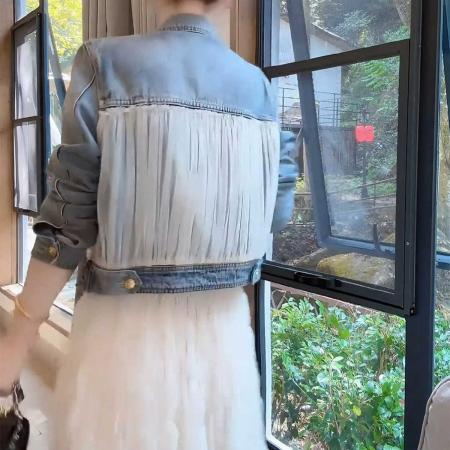 LN76370# 撞色网纱拼接金属扣牛仔外套女高级感复古长袖上衣潮