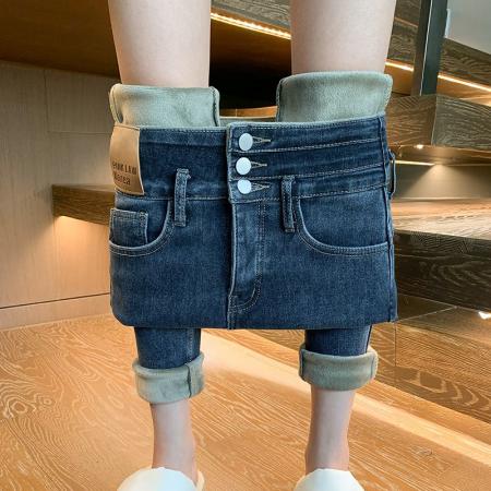 FA47238# 加绒秋冬高腰弹力牛仔靴子小脚裤女显瘦修身蜜桃臀小个子铅笔裤  服裝批發女裝批發服飾貨源