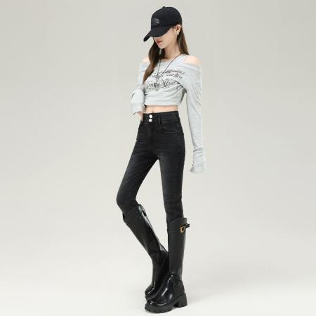 FA47239# 秋冬黑灰色新款高腰高弹力小脚牛仔裤女显瘦百搭黑灰铅笔靴子裤  服裝批發女裝批發服飾貨源