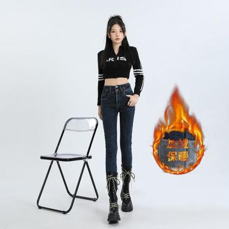 FA47240# 秋冬新款小脚牛仔裤女蓝灰加绒高腰显高显瘦小个子靴子九分长裤  服裝批發女裝批發服飾貨源