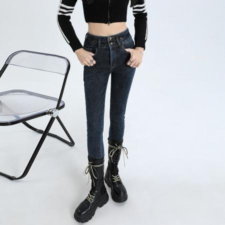 FA47240# 秋冬新款小脚牛仔裤女蓝灰加绒高腰显高显瘦小个子靴子九分长裤  服裝批發女裝批發服飾貨源