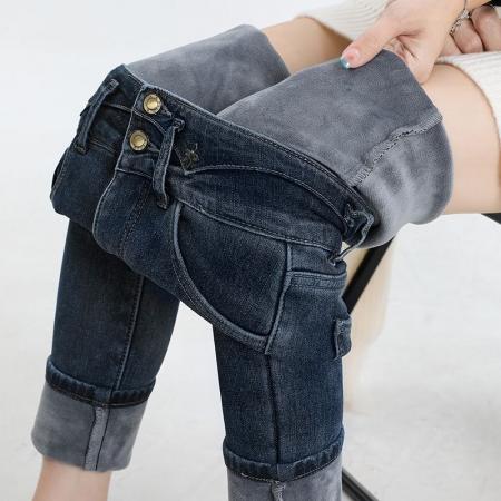 FA47240# 秋冬新款小脚牛仔裤女蓝灰加绒高腰显高显瘦小个子靴子九分长裤  服裝批發女裝批發服飾貨源